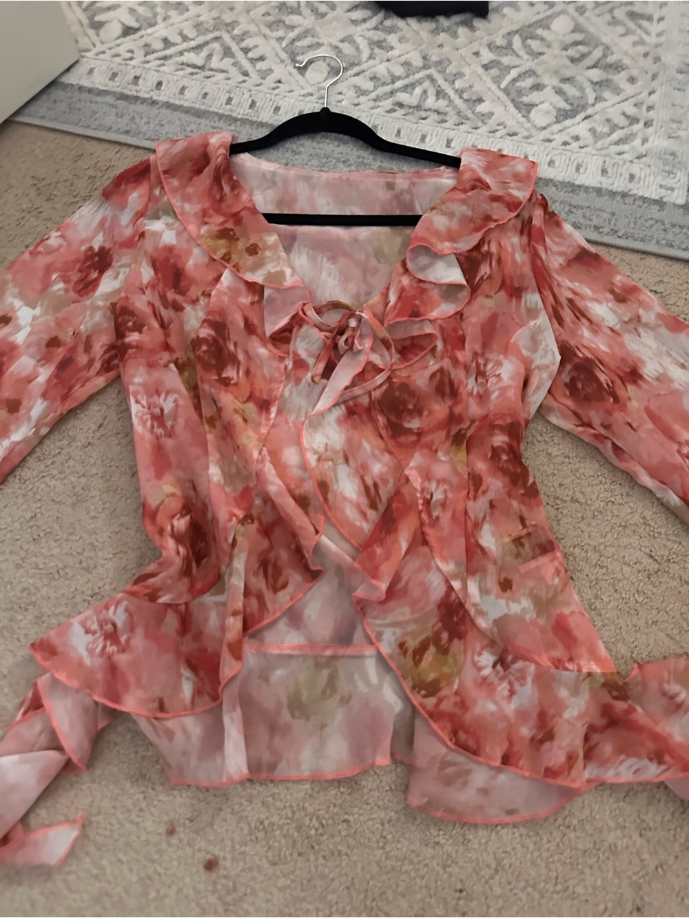 Floral Ruffle Tie-Front Blouse - Pink Coral